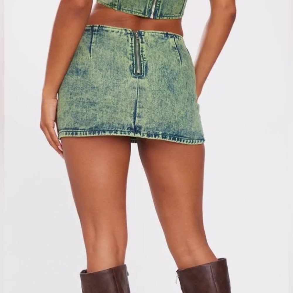PrettyLittleThing PLT mini skirt 4 green wash denim low rise jean party new $45